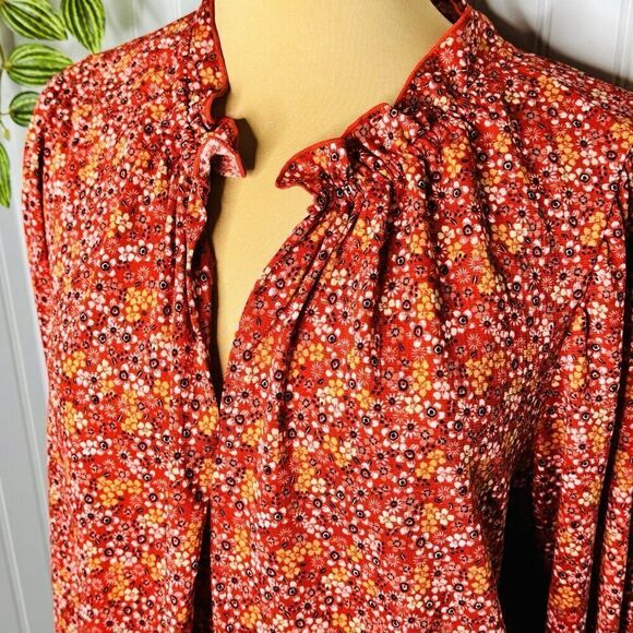 Max Studio Womens Plus Sz 1X Ruffle Neck Top Red White Floral Long Sleeve BOHO - Picture 5 of 15